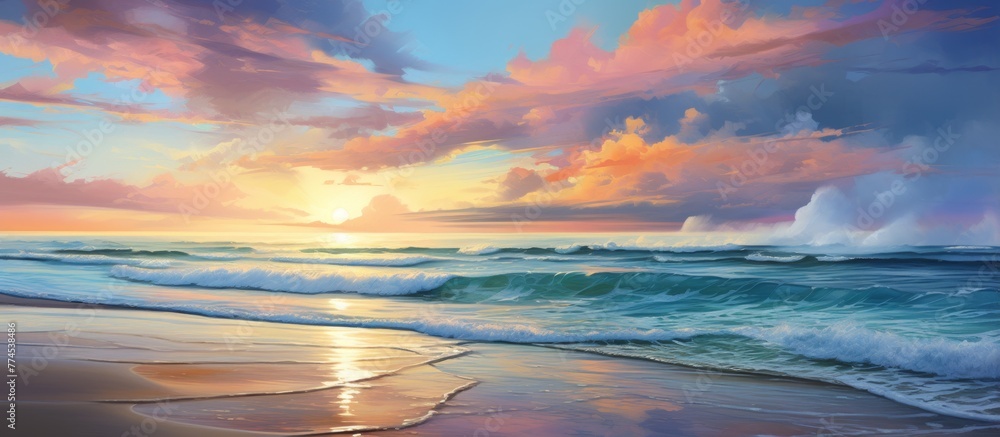 Sunset painting capturing the tranquil beauty of the ocean as waves gently roll in under the colorful sky
