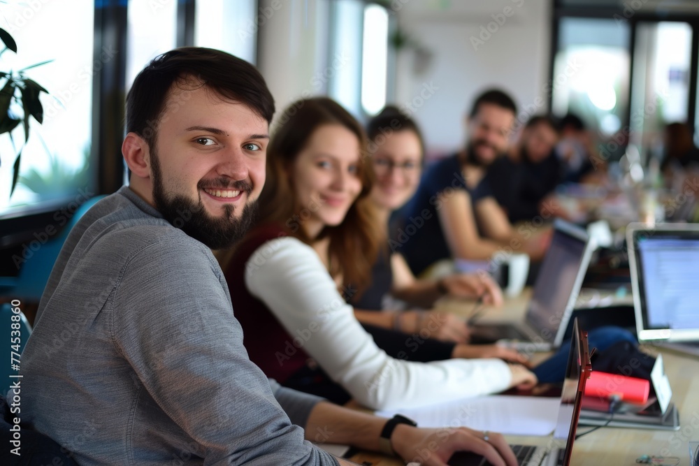 team of data analysts smiling and working with laptops in the office by day time, Generative AI team of data analysts smiling and working with laptops in the office by day time, Generative AI