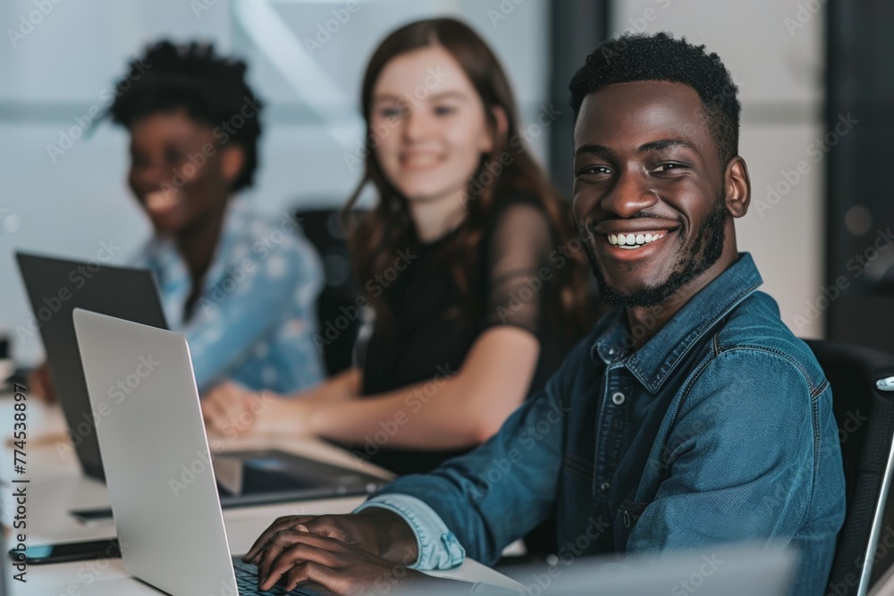 team of data analysts smiling and working with laptops in the office by day time, Generative AI team of data analysts smiling and working with laptops in the office by day time, Generative AI