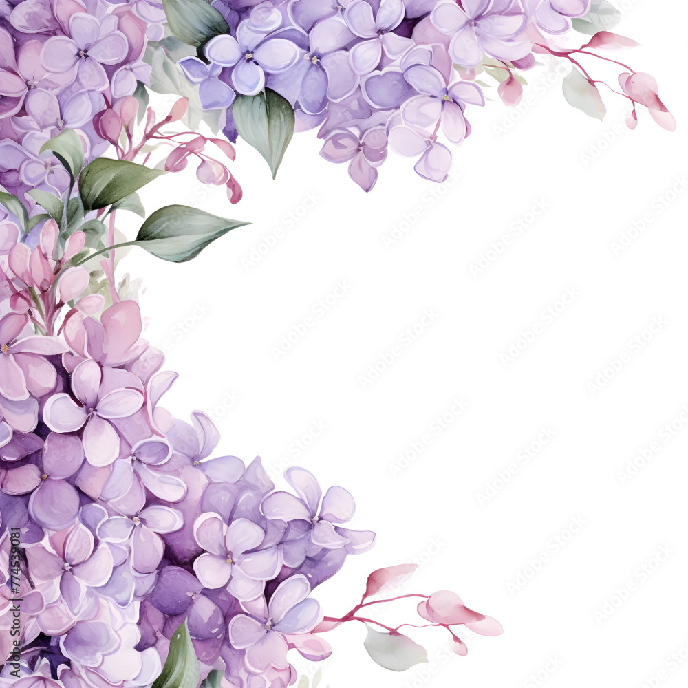 
Lilac corner border. Watercolor botanical banner for the design of invitations, cards, congratulations, announcements, sales, stationery, sharp outline.