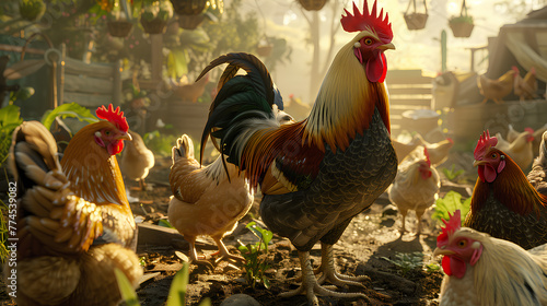A majestic rooster stands prominently among a flock of chickens in a sunlit farmyard setting.	
 photo