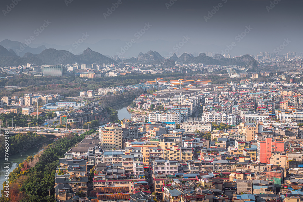 Top view of the old town and suburbs of Guilin, Guangxi, China