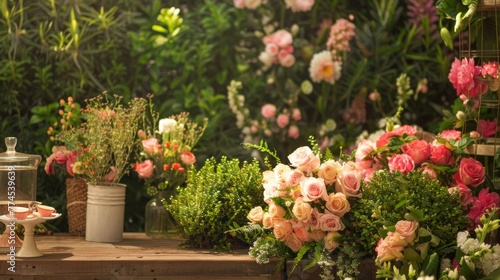 Sip tea and bask in the beauty of our English garden podiums featuring lush hedges and blooming flowers in a variety of hues. The . . © Justlight