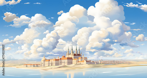 a castle in the distance with fluffy clouds above it