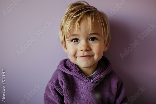 Portrait of a little boy in a purple sweater on a purple background