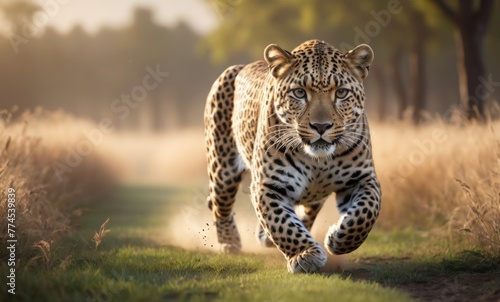 A leopard running in a field with a blurry background of trees