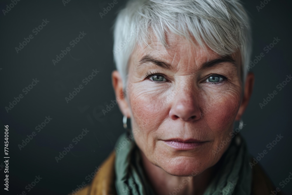 Portrait of a sad senior woman with grey hair and green scarf Portrait of a sad senior woman with grey hair and green scarf