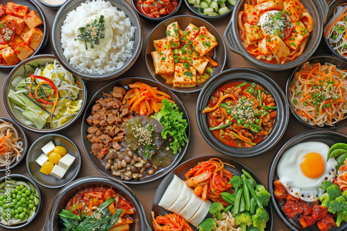 Vibrant Assortment of Traditional Korean Dishes - A Colorful Representation of Asian Food Culture Offering Rich Flavors and Cultural Experience