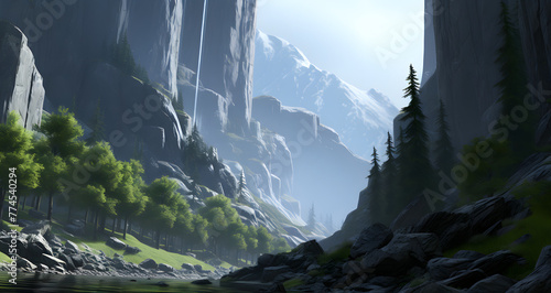 an artist rendering of some mountain lake and cliff photo