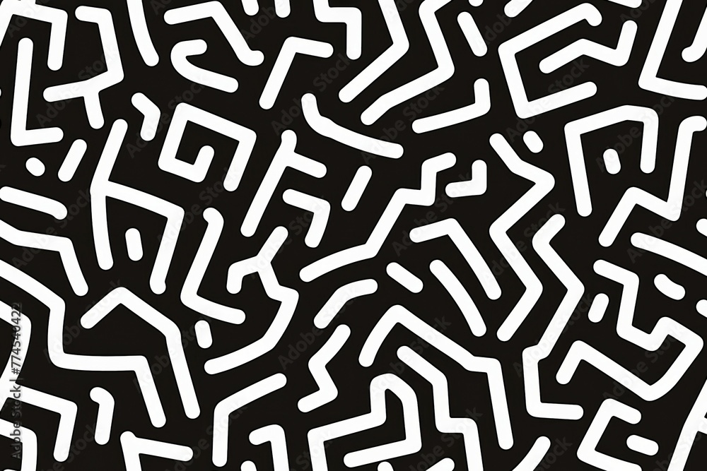 A black and white abstract painting with many lines and shapes A black and white abstract painting with many lines and shapes