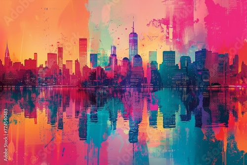 A colorful cityscape with a reflection of the city in the water. Risograph effect, trendy riso style