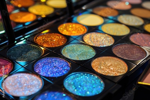 Colorful Eyeshadows Set on Black Background. Bright Shades of Blue, Green, Yellow, Brown with Glitter Finish. Beauty, Cosmetics, Fashion Concept.