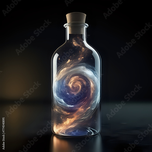 Detailed depiction of a glass bottle containing a swirling galaxy, ultra-high definition, Unreal Engine, Octane Render - generated by ai
