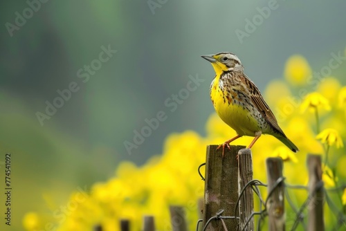 Beautiful yellow bird perched gracefully on a rustic wooden fence post in a vibrant field of yellow flowers and lush green foliage. © evgenia_lo