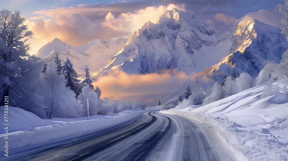beautiful road in snow mountains, beautiful landscape wallpaper