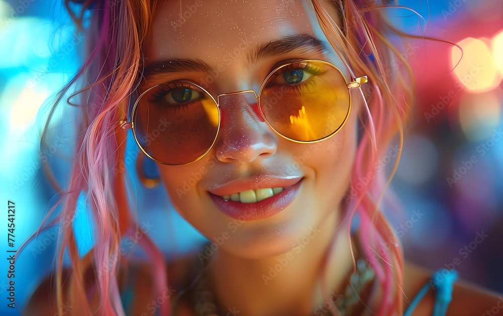 Fototapeta premium A beautiful smiling, happy playful woman with colorful hair and sunglasses, vibrant colors, colorful background, portrait photography
