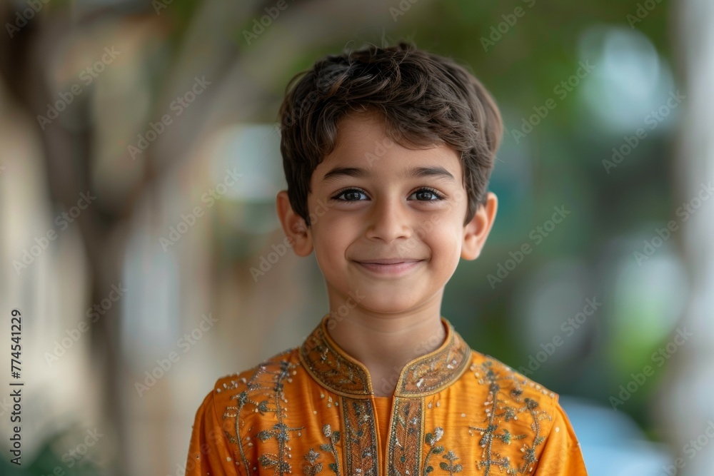A young boy wearing a yellow shirt is smiling A young boy wearing a yellow shirt is smiling