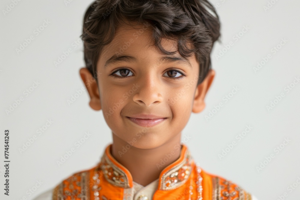 A young boy wearing an orange shirt and a vest is smiling A young boy wearing an orange shirt and a vest is smiling
