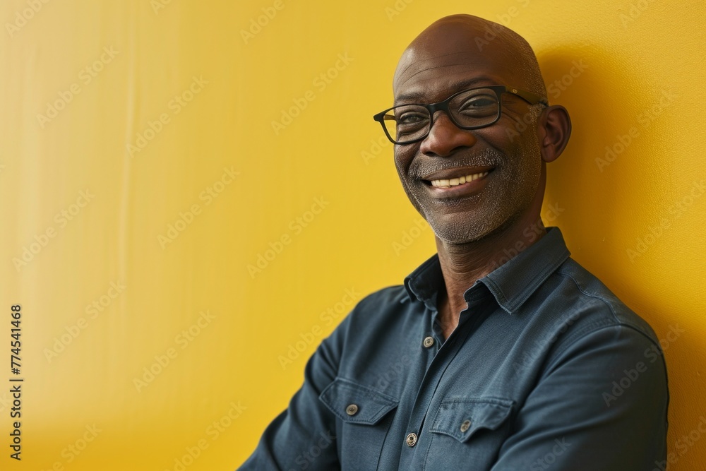 Portrait of a happy senior man smiling against a yellow background.