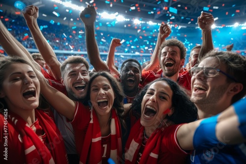 A group of people are celebrating in a stadium