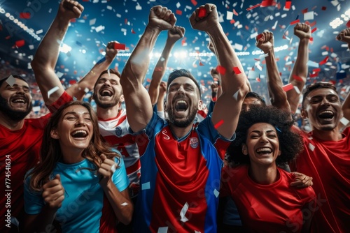 A group of people are celebrating with confetti and smiling. Football fan celebrates the victory of his favorite team