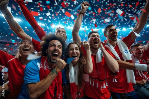 A group of people are celebrating in a stadium