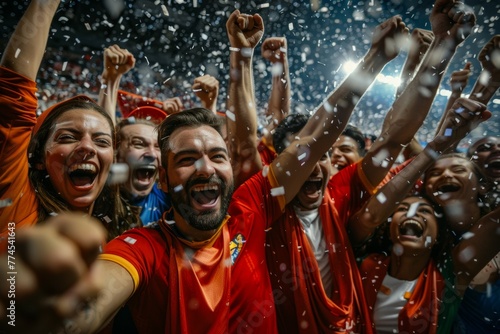 Group of people are celebrating with confetti and cheering. Football fans celebrate the victory of their favorite team