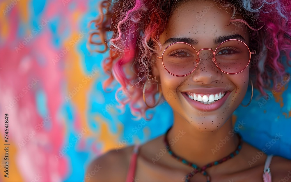 Obraz premium A beautiful smiling, happy playful woman with colorful hair and sunglasses, vibrant colors, colorful background, portrait photography