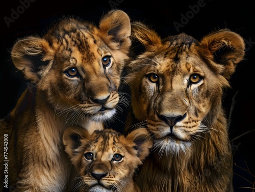 Lion family, real animals, realistic, animal king, black background, studio lighting, wild animal, power, majesty 