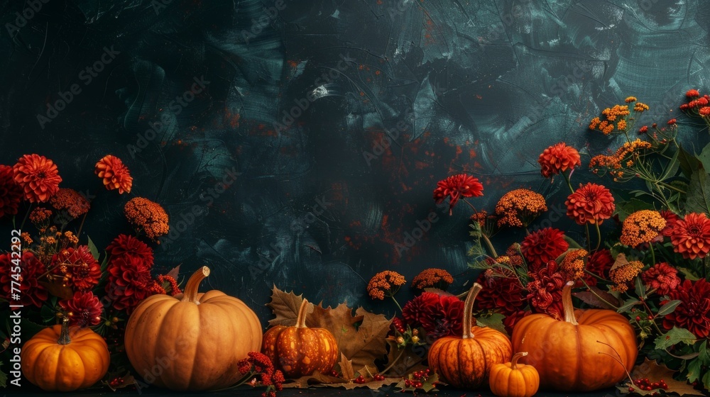 Several pumpkins are arranged neatly on top of a table with an autumn holiday decoration in thedark blue background Several pumpkins are arranged neatly on top of a table with an autumn holiday decoration in thedark blue background