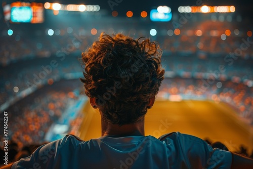 A man with curly hair is sitting in a stadium watching a soccer game. Football fans or spectators at the championship