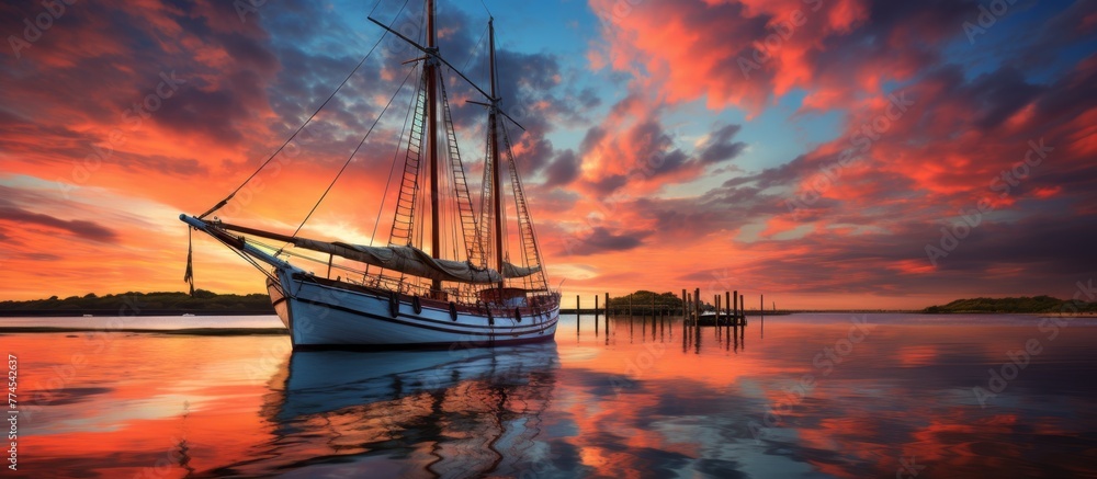 This scene shows a serene sunset with a sizable sailboat peacefully moored in the water, reflecting the colorful sky - obrazy, fototapety, plakaty 