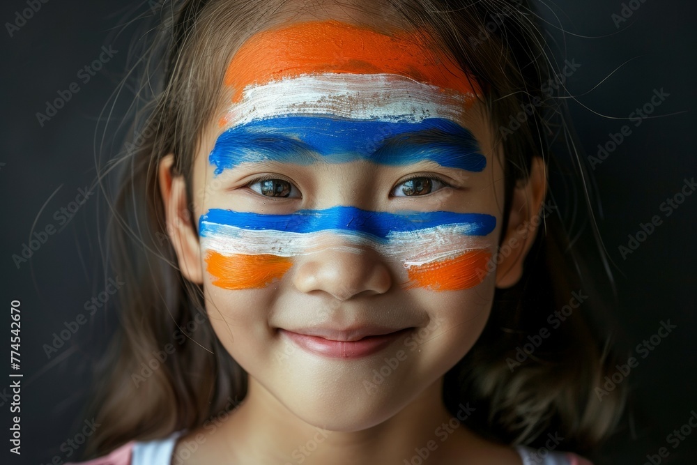 A young girl with blue, orange and white face paint on her face. Football fan A young girl with blue, orange and white face paint on her face. Football fan