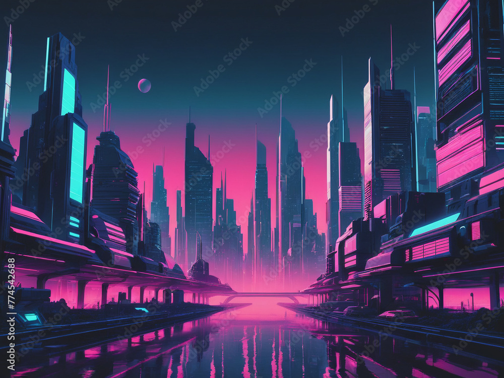 Futuristic city landscape. Future theme concept background Vaporwave, synthwave 80s cyberpunk style illustration - generated by ai