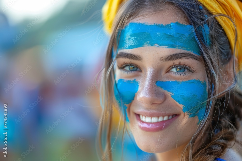 A woman with blue face paint and a yellow headband. Football fan at the European Football Cup A woman with blue face paint and a yellow headband. Football fan at the European Football Cup