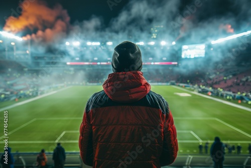 A man in a red jacket stands on a soccer field in front of a crowd. Football fan at the European Football Cup photo