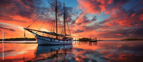 This scene shows a serene sunset with a sizable sailboat peacefully moored in the water, reflecting the colorful sky