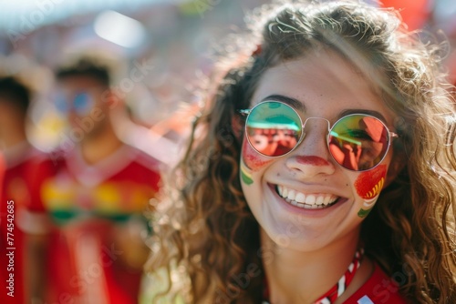 A woman with a green and red face paint and sunglasses is smiling. Football fan at the European Football Cup