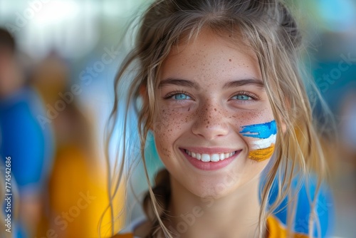 A girl with blue and yellow face paint is smiling. Football fan at the European Football Cup