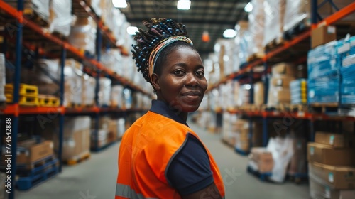 Portrait of African American worker in warehouse, International export business concept wide angle lens photorealistic bright lighting