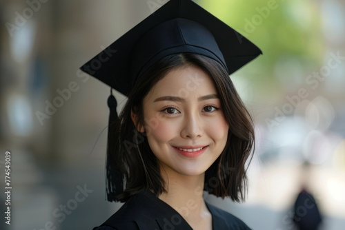 A woman wearing a black graduation cap and gown is smiling for the camera