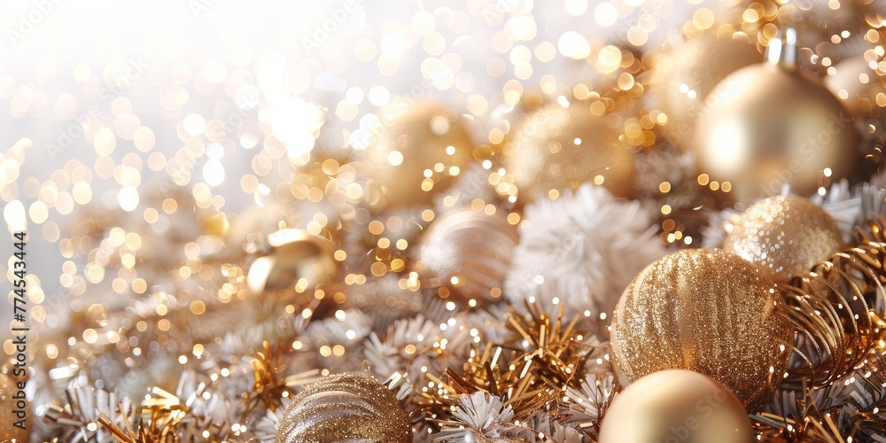 Elegant Opulence: Shimmering Gold Christmas Display on a White Background, concept of festivals Elegant Opulence: Shimmering Gold Christmas Display on a White Background, concept of festivals