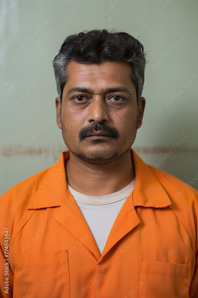 Prison mugshot of middle aged Indian man in orange jumpsuit Prison mugshot of middle aged Indian man in orange jumpsuit