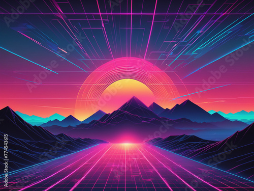 Retro background with laser grid, abstract landscape with sunset and star sky. Vaporwave, synthwave 80s cyberpunk style illustratio - generated by ai