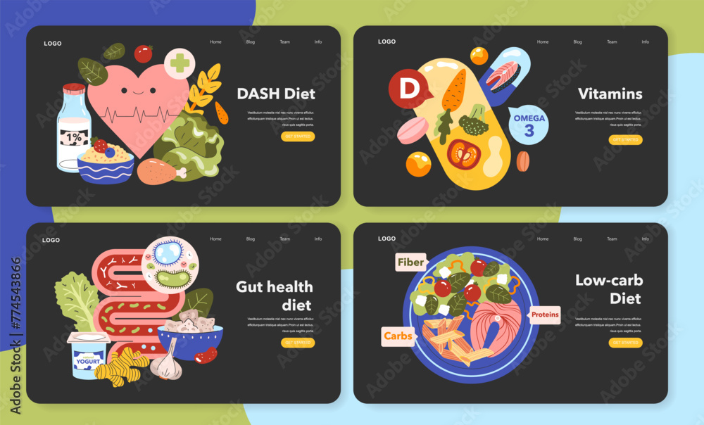 Nutritional Focus Collection set. Colorful depictions of DASH, gut health, and low-carb diets alongside essential vitamins and nutrients. Informative vector illustration series
