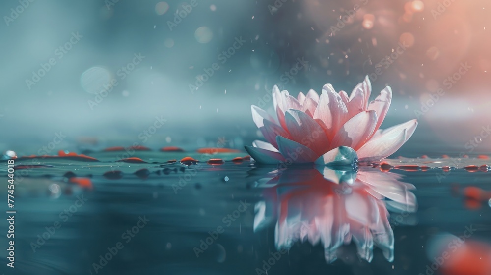 A serene water lily resting on a calm water surface with droplets and a dreamy, blue-toned ambiance.