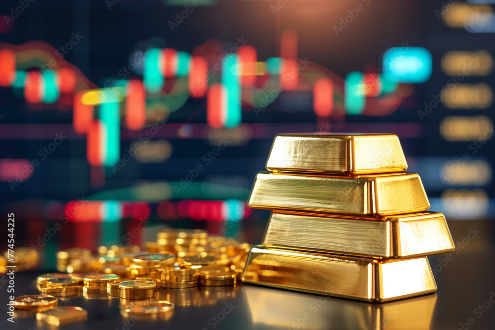 Stack of gold bars pile with forex trading graph, Gold stock market exchange concept. Stack of gold bars pile with forex trading graph, Gold stock market exchange concept.