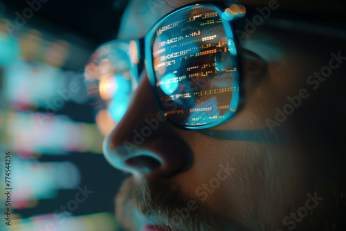 close up of a eyeglasses of programer or hacker to analysis data and coding Ai photo