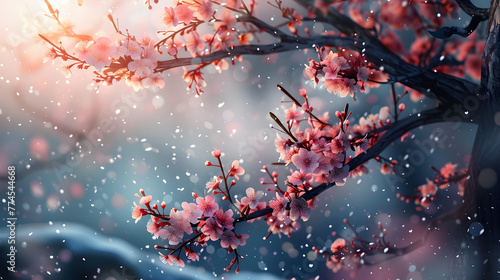 Delicate snowflakes gently falling on a blossom