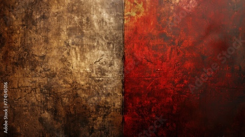 A textured abstract background divided into two halves, one with earthy tones and the other in shades of crimson red.